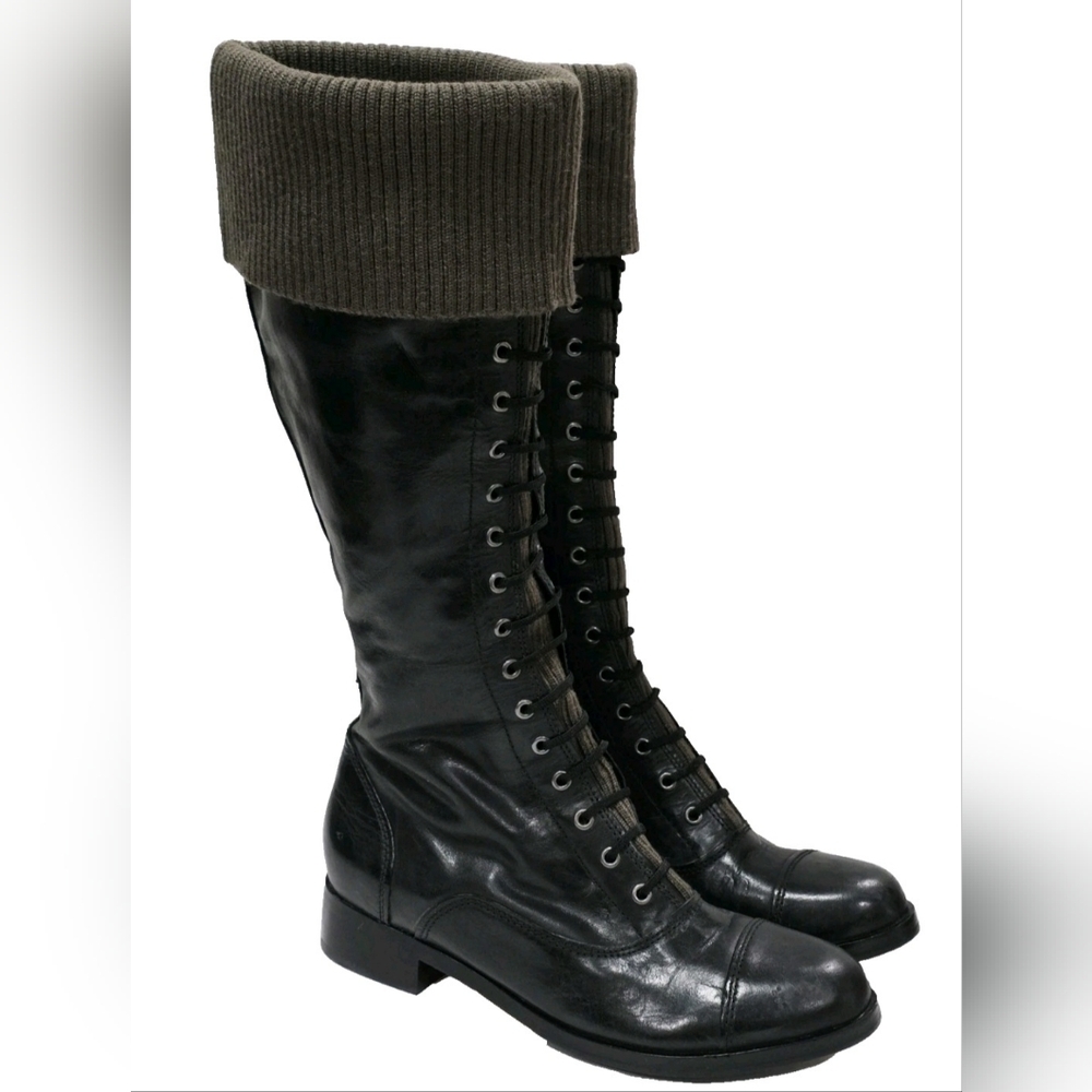 Cole Haan KNIT BLACK LEATHER Boot Knee High Gray Pull Whitley Air Zip 6 B New